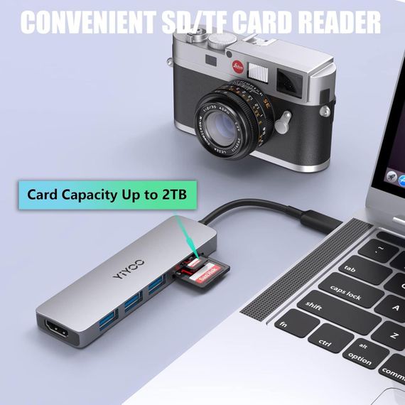 YIYOO 6-в-1 USB-C хаб, HDMI 4K@30Hz, 3x USB 3.0, SD/TF, адаптер для MacBook, Surface, XPS, PS5, Xbox, ноутбуків | Зображення 1