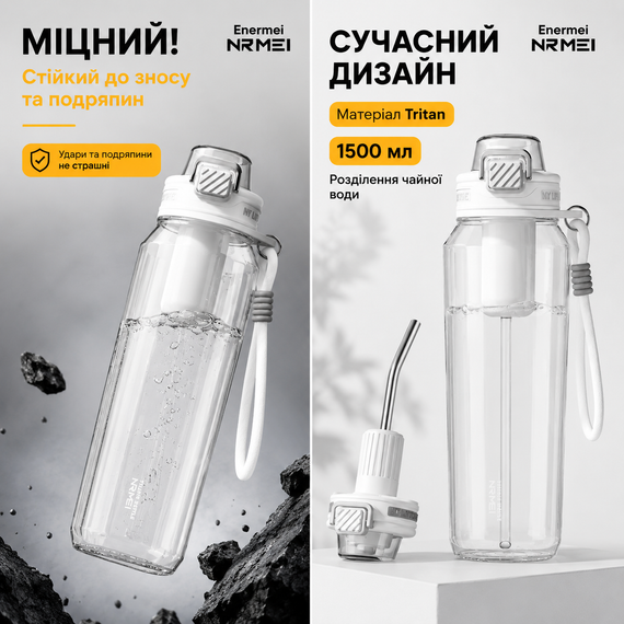 Бутылка для воды 1500 мл (1.5 л) Белая, из Тритана (BPA-free) с ситечком для активного отдыха | Зображення 6