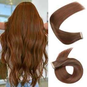 Накладні пасма на клейкій основі натуральне волосся 50 см стрічкове нарощування шоколадне з рудим відтінком