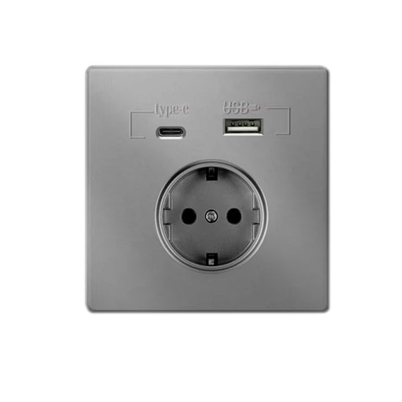 Розетка врізна із заземленням, Input: AC:110-250V/16A, Type-C/USB-виходи, Gray