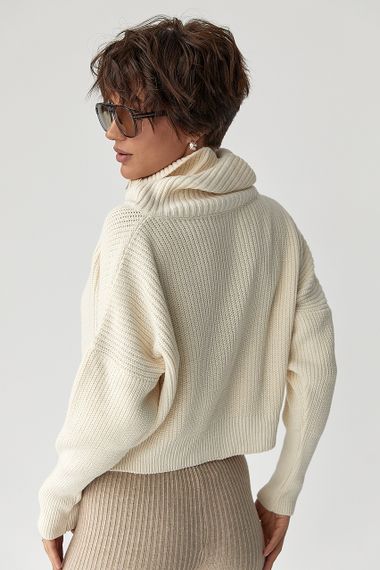 В'язаний короткий кардиган з довгим коміром - молочний цвет, ONE SIZE (є розміри) | Зображення 1