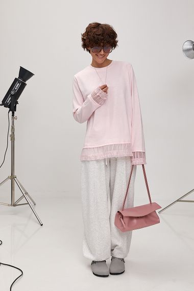 Вільний лонгслів з рюшами - пудра цвет, ONE SIZE (є розміри) | Зображення 2