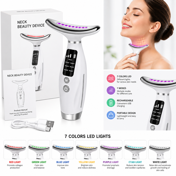 7в1 LED Масажер для шиї та обличчя з підігрівом NeckLift Pro — Антивіковий ліфтинг + 7 кольорів світлотерапії | Зображення 1