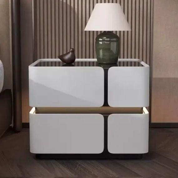 Приліжкова тумба з сенсорною LED-підсвіткою, USB та Bluetooth SZXF01, з екошкіри, біла | Зображення 4