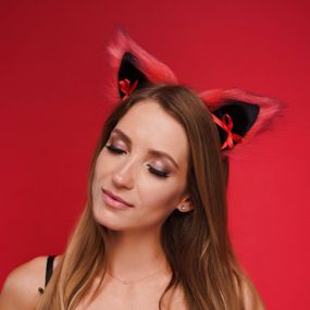 Хутряні вушка кішки з бантиком, Червоні з чорним OKOVA Sex Aura