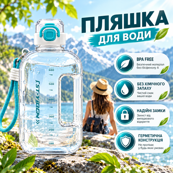 Спортивна пляшка для води ST-YIBEN 750 мл з ремінцем — багаторазова з еко-пластику BPA-free, герметична кришка, біла з бірюзовими | Зображення 6