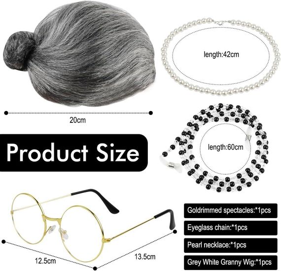Парик седая бабушка с гулькой комплект для образа на Хэллоуин карнавал корпоратив косплей старая леди с очками | Зображення 1