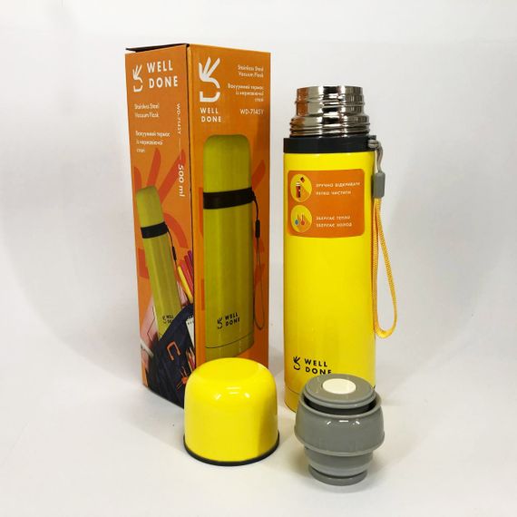 Термос вакуумний Well Done WD-7145Y 500 мл. Хороший невеликий термос для питної води. Колір: жовтий | Зображення 6