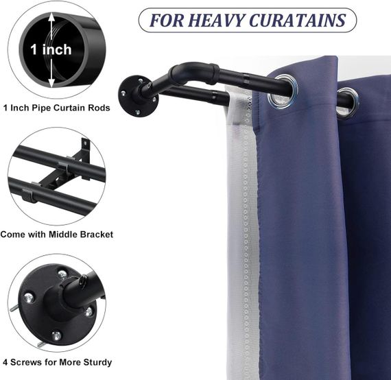 Двухрядный карниз FLY 73-162 см регулируемый, с фланцевыми наконечниками, матовый черный, из нержавеющей стали