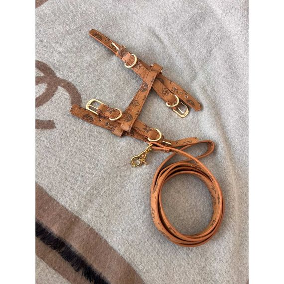Брендовая шлея и поводок для собак LOUIS VUITTON рисунок с цветами, рыжий