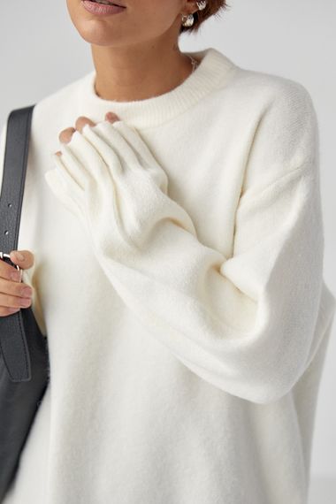 В'язаний вільний джемпер з оригінальними манжетами на рукавах - молочний цвет, ONE SIZE (є розміри) | Зображення 3