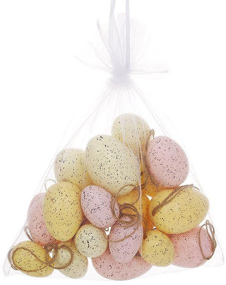 Пасхальний декор "Яйця в мішечку" 18 підвісок, пластик, жовтий з рожевим