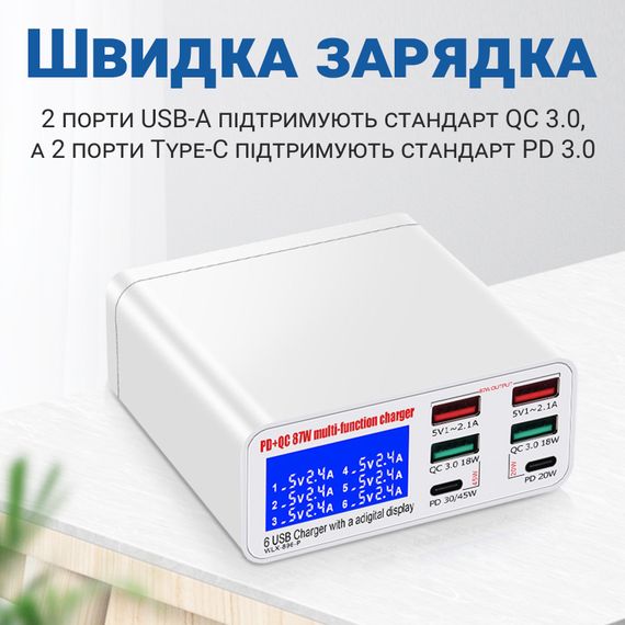 Зарядная станция с дисплеем на 6 портов Addap MCS-896P, мультизарядное устройство с 4×USB-A и 2×Type-C портами, 87W | Зображення 7