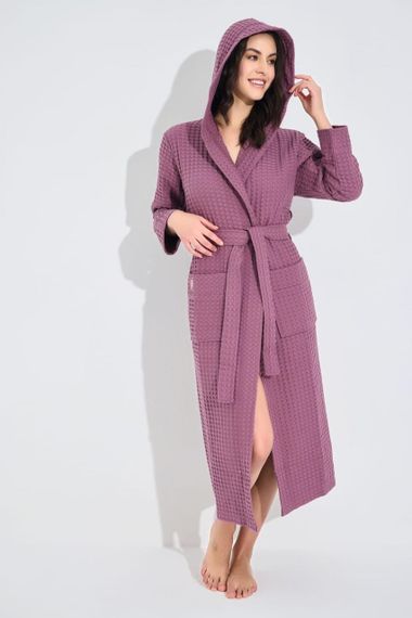 Жіночий вафельний халат Nusa 4160 з капюшоном, брудно-рожевий 2XL | Зображення 1