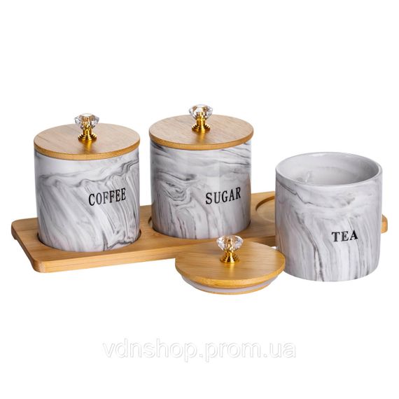 Набор фарфоровых банок для сыпучих на подставке 3 шт по 250 (мл) для чая кофе сахара Серый SCT-664 | Зображення 1