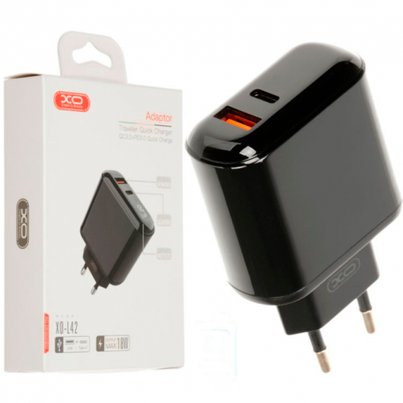 Зарядний пристрій XO L42 LCD 1USB/1Type-C, PD/QC3.0, 18W 3A адаптер зі швидкою зарядкою Black