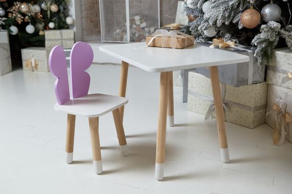 Дитячий  білий прямокутний стіл та стільчик  фіолетовий метелик з білим сидінням. Дитячий  білий столик | Зображення 3