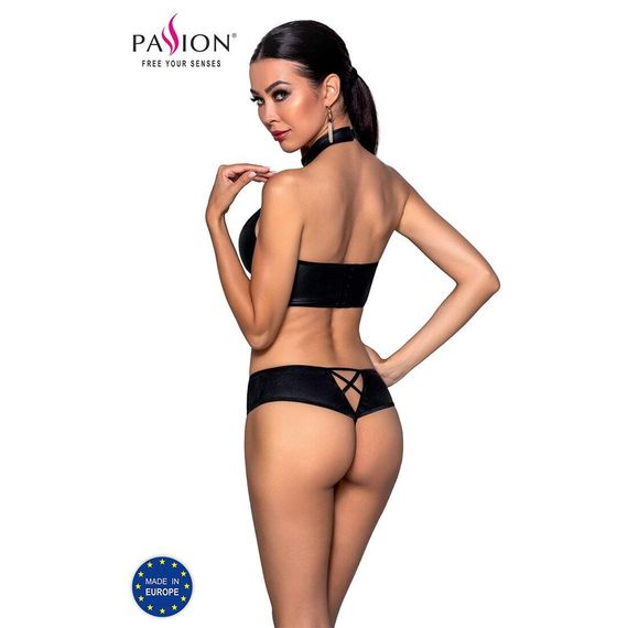Комплект з еко-шкіри Nancy Bikini black L/XL - Passion, бра та трусики з імітацією шнурівки | Зображення 1