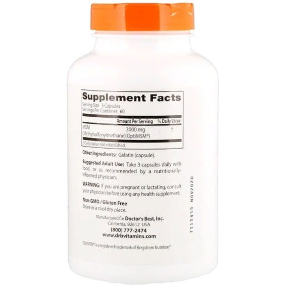 Препарат для суглобів та зв'зок Doctor's Best MSM with OptiMSM 1000 mg 180 Caps DRB-00064 | Зображення 1