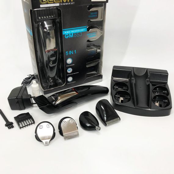 Машинка для стрижки 5в1 Geemy GM-853 стайлер, бритва, триммер на аккумуляторе нержавеющая сталь 6 насадок | Зображення 5