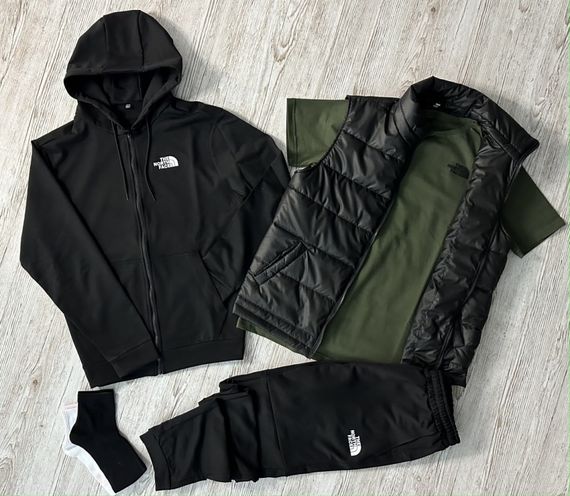 Комплект 5 в 1 TNF чорна кофта на змійці + чорні штані + чорна жилетка + хакі футболка + 2 пари шкарпеток (чорні та білі)
