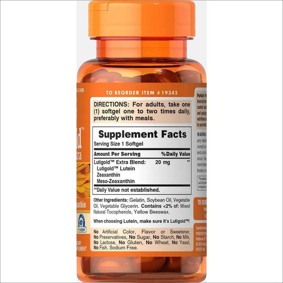 Лютеин Puritan's Pride Lutein 20 mg with Zeaxanthin Lutigold™, 60 гелевых капсул | Зображення 1
