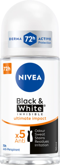 NIVEA Black & White Invisible Роликовий антиперспірант, 72 години, Ultimate Impact 50 мл