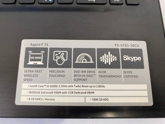 Ноутбук Acer Aspire F 15 F5-572G-56CU / 15.6" (1920x1080) IPS / Intel Core i5-6200U (2 (4) ядра по 2.3 - 2.8 GHz) / 16 GB DDR3 / 240 GB SSD / nVidia GeForce 940M, 4 GB DDR3, 64-bit / WebCam / DVD-RW б/в | Зображення 9