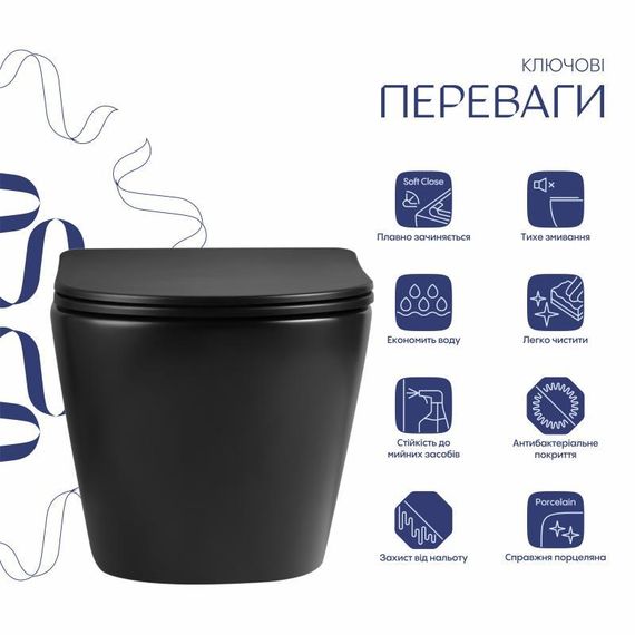 Унитаз подвесной Qtap Jay Ultra Quiet 485х360х320 мм, Matt Black, сиденьем Slim Duroplast/ Soft-close/ Quick Relase QT07335177MB | Зображення 2