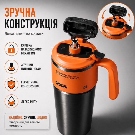 Термокружка 1000 мл из нержавеющей стали, вакуумная с ручкой и трубочкой, черная с поморанчевым, для автомобиля и походов. | Зображення 4