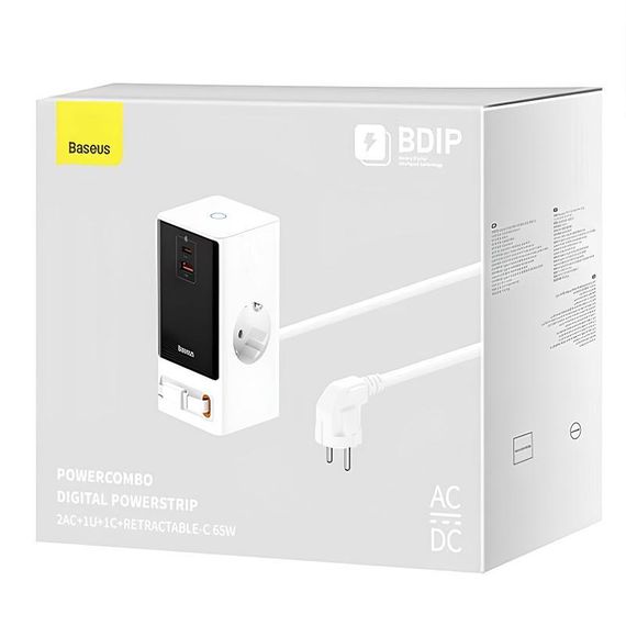 СЗУ Baseus OS PowerCombo Digital PowerStrip+Retractable-C 65W (1USB-A/1C/2Socket) (1.5m) (PSLR000) Glacier White | Зображення 4