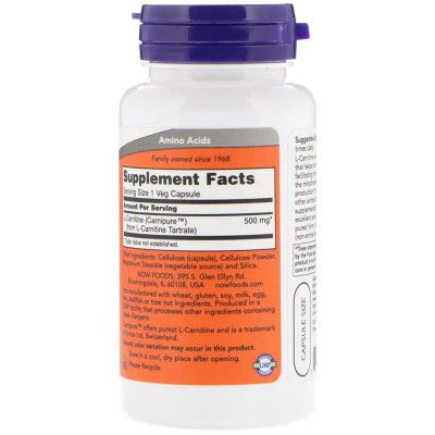 Аминокислота Now Foods L- Карнитин, 500 мг, L-Carnitine, 60 вегетарианских капсул (NOW-00072) | Зображення 1