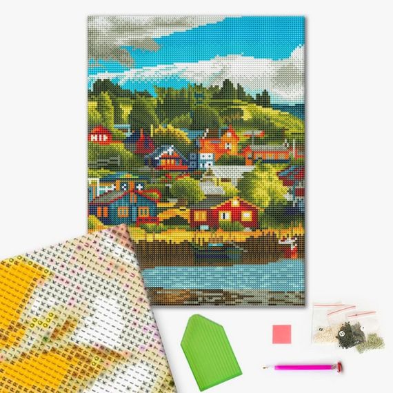 Алмазна мозаїка "Селище біля озера" RDBS7013, 30х40 см | Зображення 1