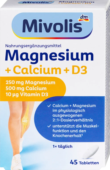 Вітаміни Міволіс Магній + Кальцій + D3 Mivolis Magnesium + Calcium + D3, Tabletten 45 St.