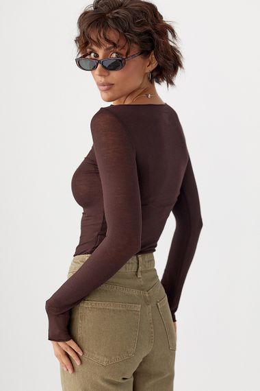 Приталений лонг у сітку - темно-коричневий цвет, L (є розміри) | Зображення 1