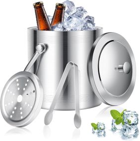 Ведро для льда 2л с крышкой, щипцами, ситечком термоизолированное с двойными стенками для охлаждения напитков.