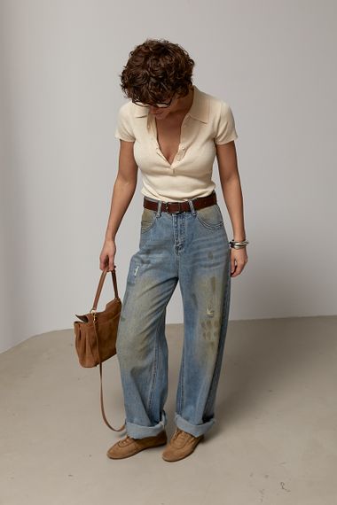 Однотонна в'язана футболка-поло - бежевий цвет, ONE SIZE (є розміри) | Зображення 2