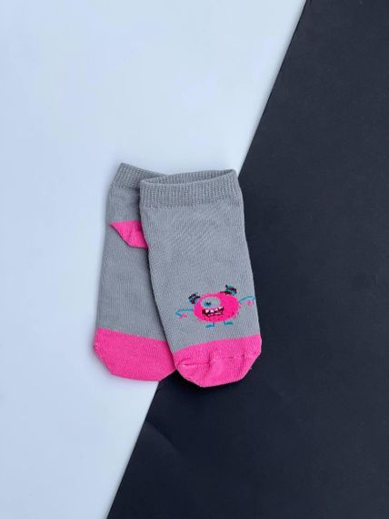 Носки детские на девочку короткие на лето монстрик | Прикольные детские носки летние Серый+розовый,