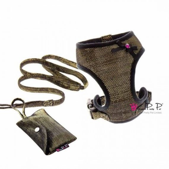 Шлея для собак Pretty Pet тканевая, нейлоновые ремешки, с поводком Bling-bling, золотой