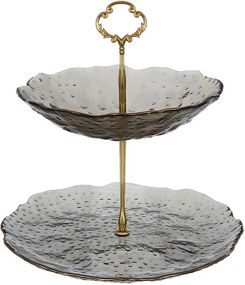 Фруктівниця фуршетна стійка "Fleur" 2-х ярусна Ø20см/Ø26см, димчасто-сірий із золотим обідком