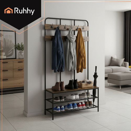 Полиця-вішалка Ruhhy 182×100×35,5 см — сидіння-лавка, 2 полиці для взуття, 12 гачків — металевий лофт-органайзер для коридору | Зображення 3