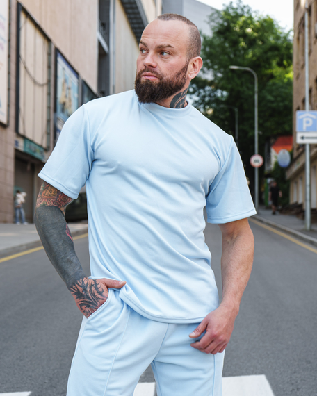 Мужской летний костюм с шортами и футболкой рубчик премиум-качество BD0026 цвет голубой, размер М | Зображення 3