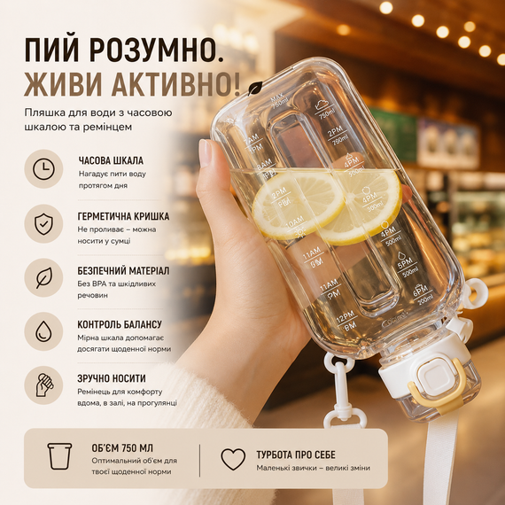 Бутылка для воды 750 мл бежевая, BPA-free с ремешком и мерной шкалой | Зображення 7
