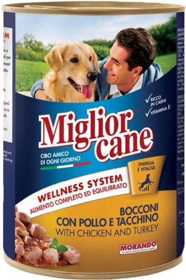 Вологий корм Migliorcane для собак зі шматочками курки та індички 6шт*405г