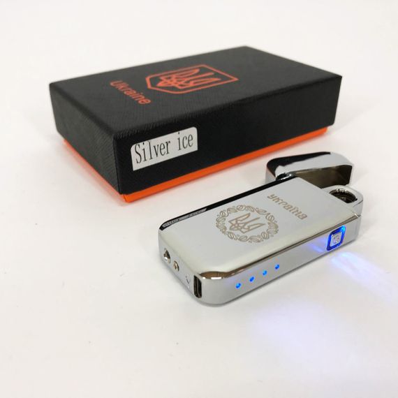 Дугова електроімпульсна запальничка USB Герб України індикатор заряду, ліхтарик HL-442. Колір: срібло | Зображення 5