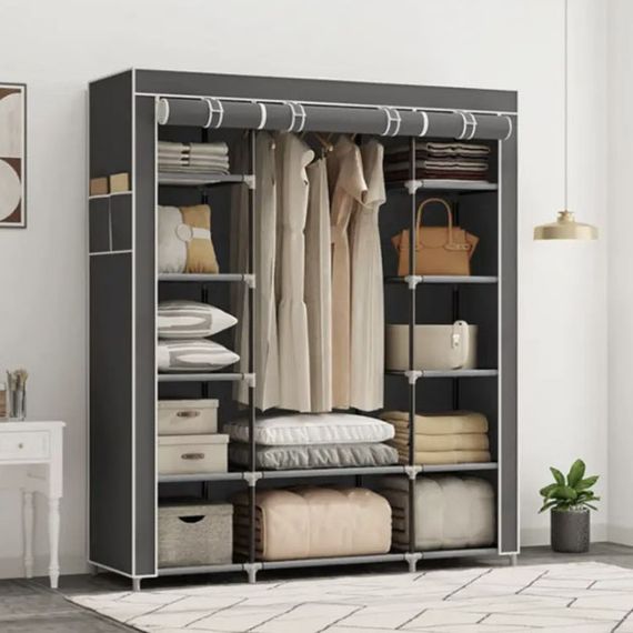 Шкаф тканевый 3 секции складной с каркасом STORAGE WARDROBE 175 х 130 х 45 см. Цвет: серый | Зображення 1