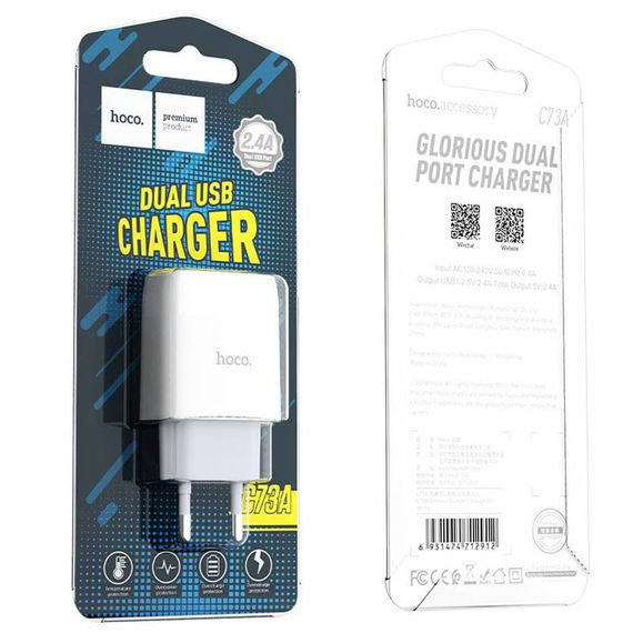 СЗУ Hoco C73A Glorious 2.4A (2USB-A) Белый | Зображення 3