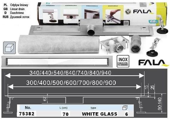 Трап для душа напольный Польша WHITE GLASS нержавейка 70 см FALA-75382