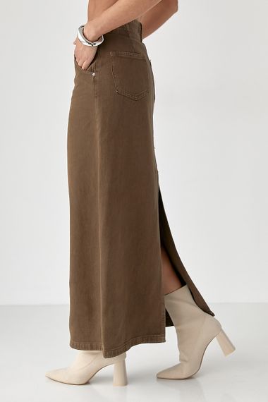 Котонова довга спідниця з розрізом - коричневий цвет, S (є розміри) | Зображення 3