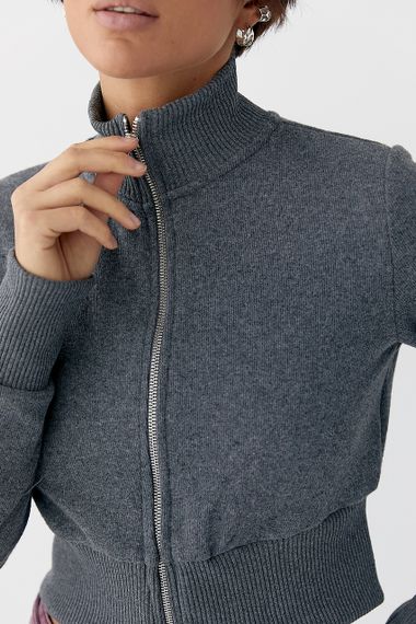 Короткий кардиган на блискавці з коміром-стійкою - сірий цвет, S (є розміри) | Зображення 3